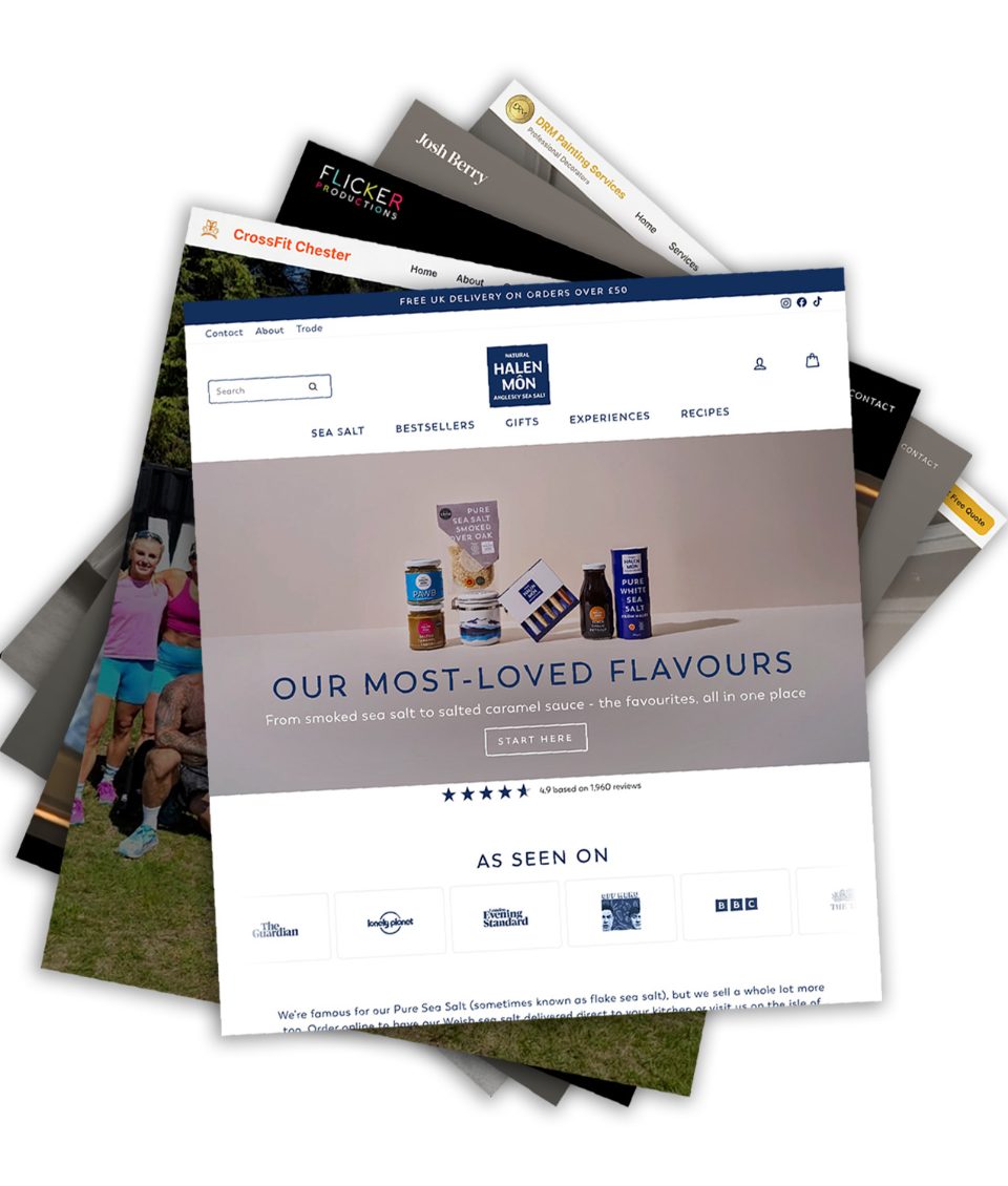 A fanned stack of website screenshots from past client work, including a sea-salt shop, a CrossFit gym and a production company.